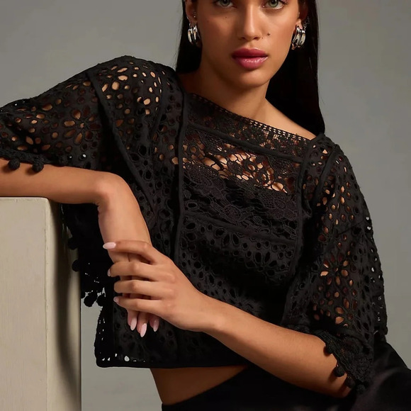 COPY - NWT Anthropologie Black Victoria Lace Cutwork Pom Pom Blouse Large - Picture 5 of 5